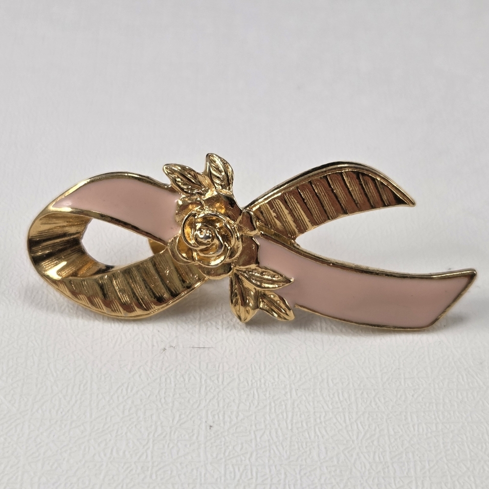 Vintage 90s Avon Goldtone Enamel Pink Breast Cancer Rose Ribbon Pin